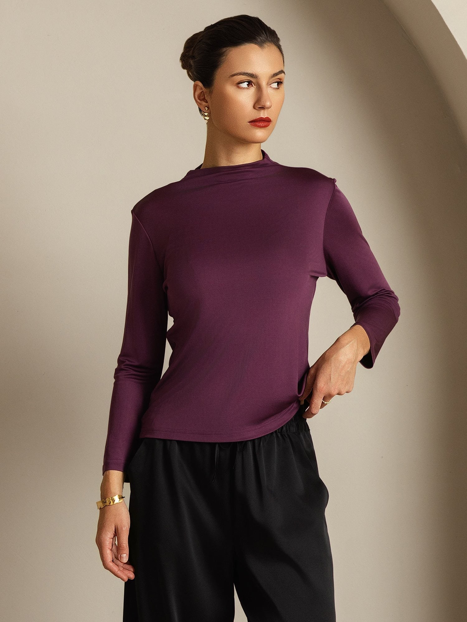 [Purple] SilkSilky-CA Pure Silk High Neck Women's T-Shirt 009