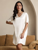 [Beige] SilkSilky-CA Half Sleeve V Neck Nightgown 001