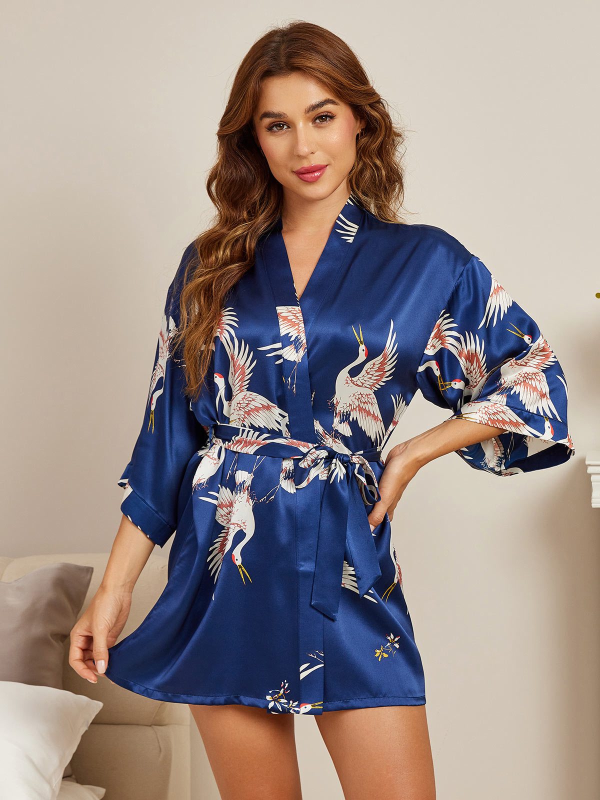 SilkSilky-CA 19Momme Pure Silk 3/4 Sleeve Deep V Neck Women's Robe DarkBlue 003