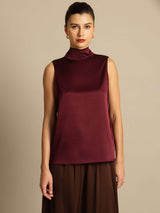 [Dark Red] SilkSilky-CA 19Momme Stretch Silk Charmeuse Sleeveless High Neck Blouse 003