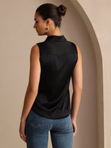 [Black] SilkSilky-CA Sleeveless Lapel Collar Women's Shirt 002