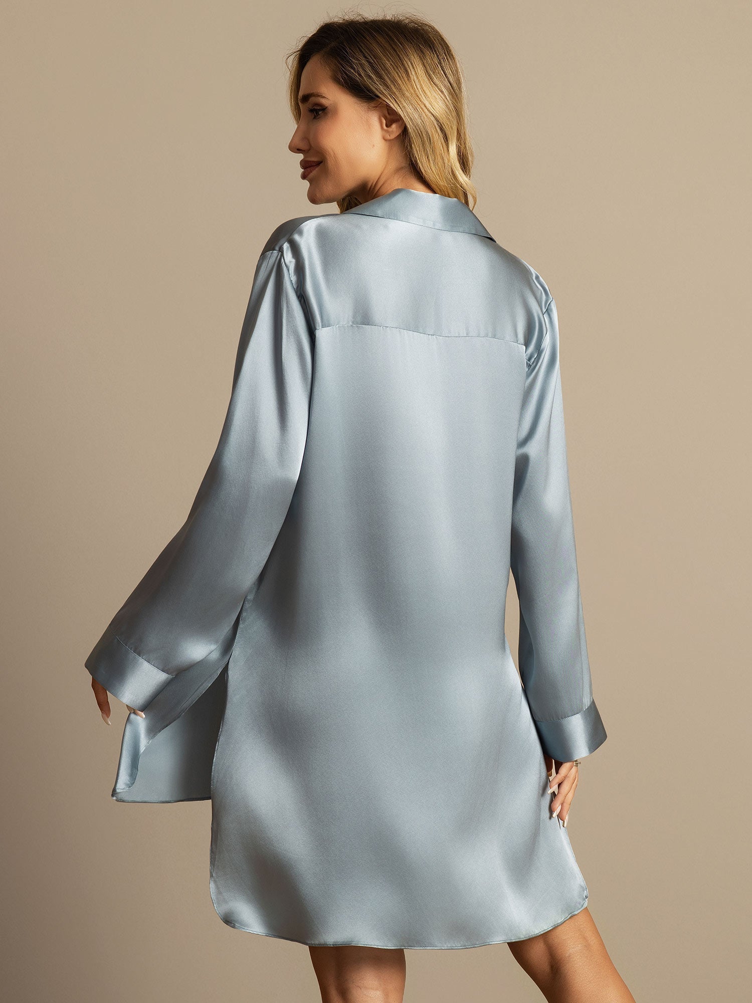 [Grayish Blue] SilkSilky-CA Pure Silk Split Nightshirt 003,