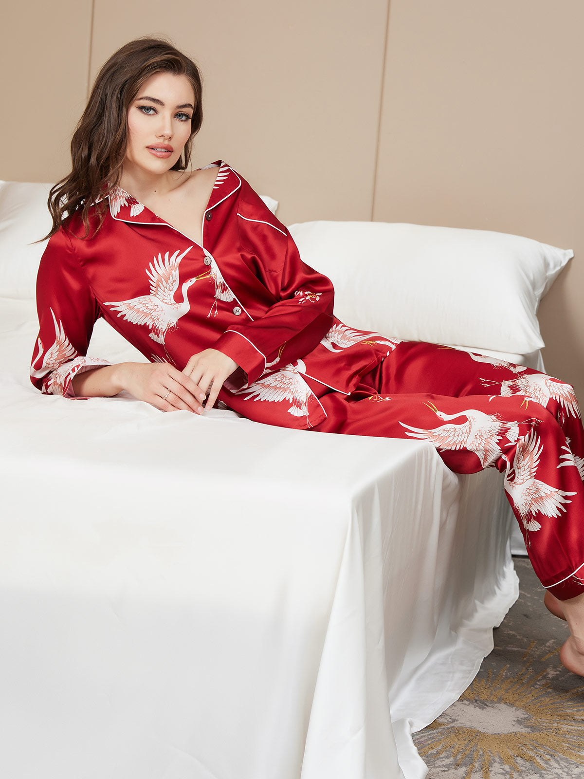 SilkSilky-CA 19Momme Pure Silk Long Sleeve Lapel Women's Pajamas DarkRed 008