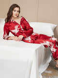 SilkSilky-CA 19Momme Pure Silk Long Sleeve Lapel Women's Pajamas DarkRed 008