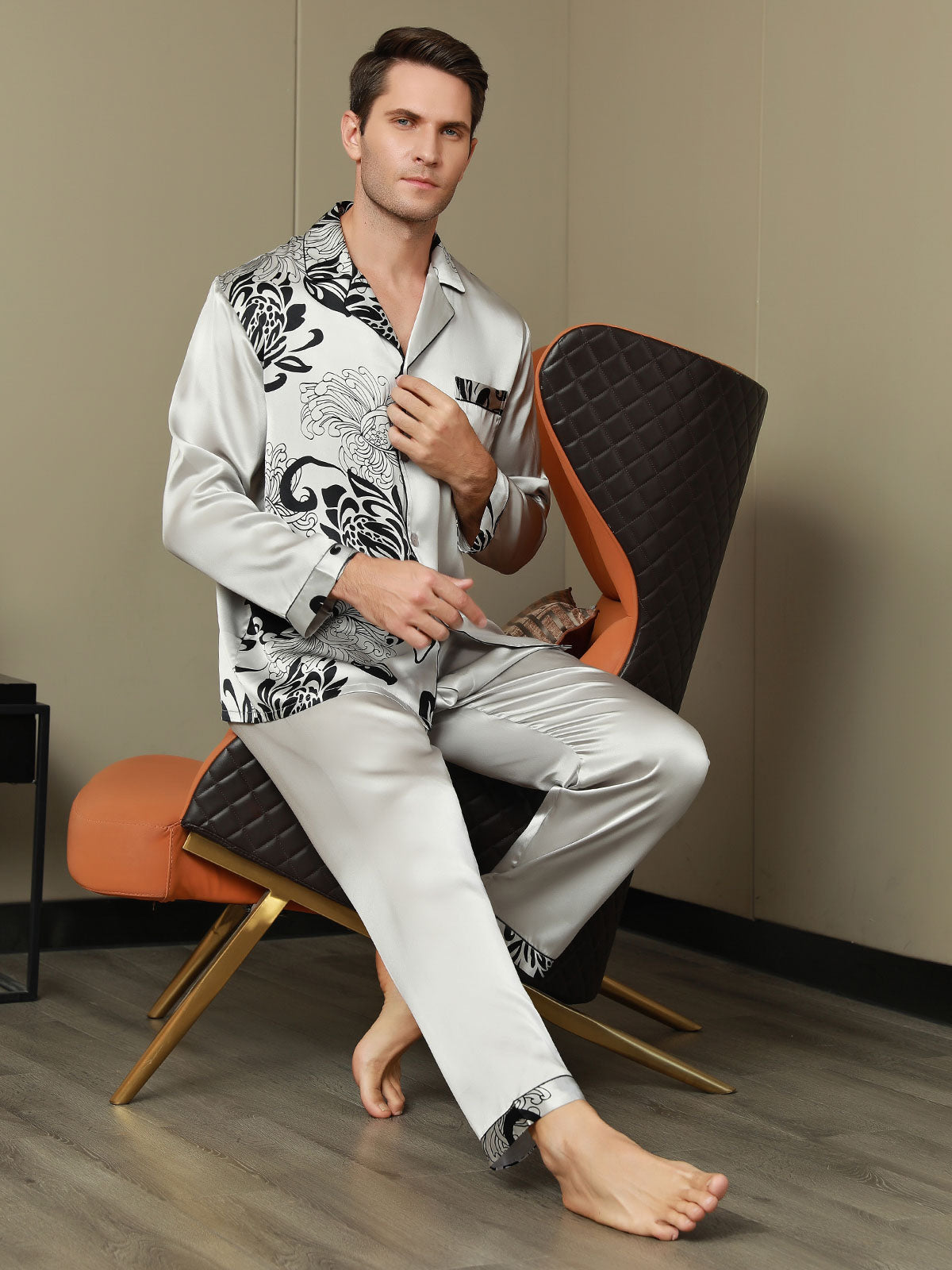 SilkSilky CA Pure Silk Long Sleeve Lapel Men's Pajamas Gray 005