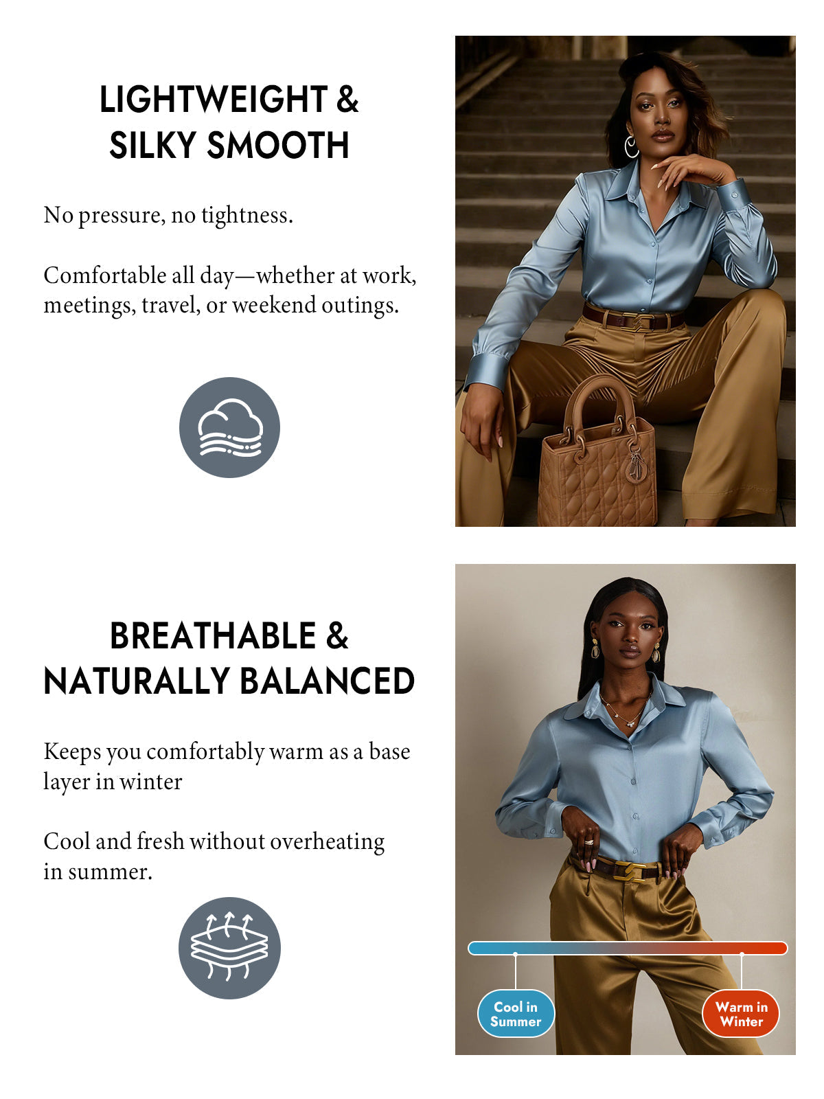 [Grayish Blue] SilkSilky-CA Silk Long Sleeve Lapel Collar Women's Shirt 004