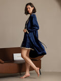 SilkSilky-CA Pure Silk Long Sleeve V Neck Nightgown&Robe Set DarkBlue 004