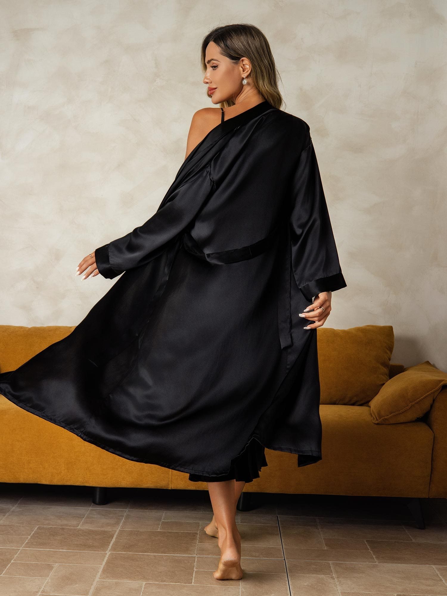 [Black] SilkSilky-CA Pure Silk V Neck Nightgown&Robe Set 002