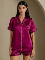 [Fuchsia] SilkSilky-CA Short Sleeve Lapel Collar Women's Pajamas 006