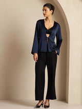 [Dark Blue] SilkSilky-CA 19Momme Stretch Silk Charmeuse Long Sleeve Women's Outerwear 004