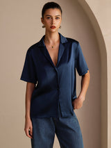 [Dark Blue] SilkSilky-CA Short Sleeve Notch Collar Women's Shirt 001