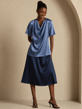[Real Teal] SilkSilky-CA Short Sleeve Cowl Neck Women's Blouse 006