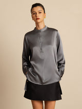 [Dark Gray] SilkSilky-CA 19Momme Stretch Silk Charmeuse Long Sleeve Stand Collar Blouse 004