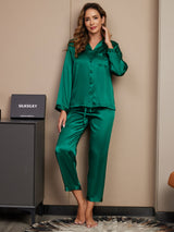 [Green] SilkSilky-CA Long Sleeve Lapel Collar Women's Pajamas 003