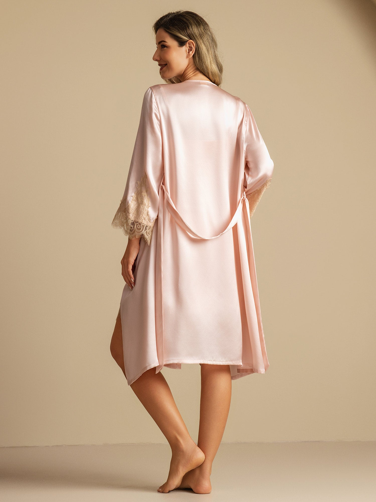 [Pink] SilkSilky-CA 3/4 Sleeve V Neck Nightgown&Robe Set 002