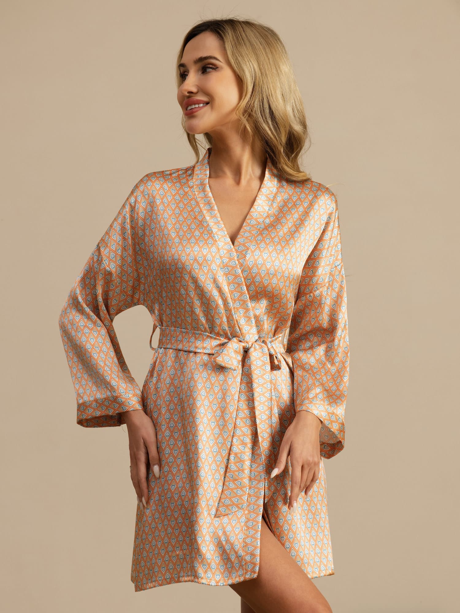 [Yellow Heart Geo] SilkSilky-CA 3/4 Sleeve V Neck Women's Robe 003