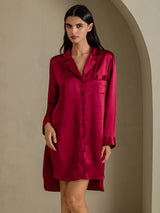 [Wine] SilkSilky-CA Long Sleeve Lapel Collar Nightshirt 003