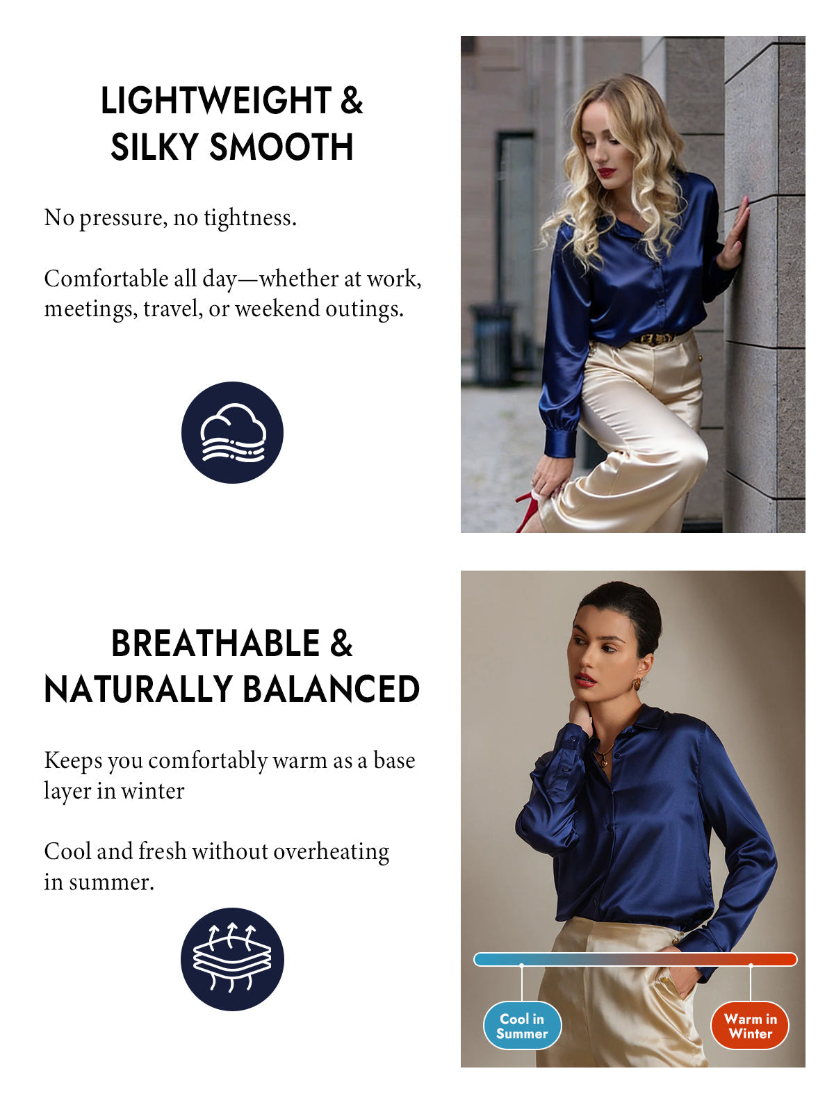 [Dark Blue] SilkSilky-CA Silk Long Sleeve Lapel Collar Women's Shirt 004