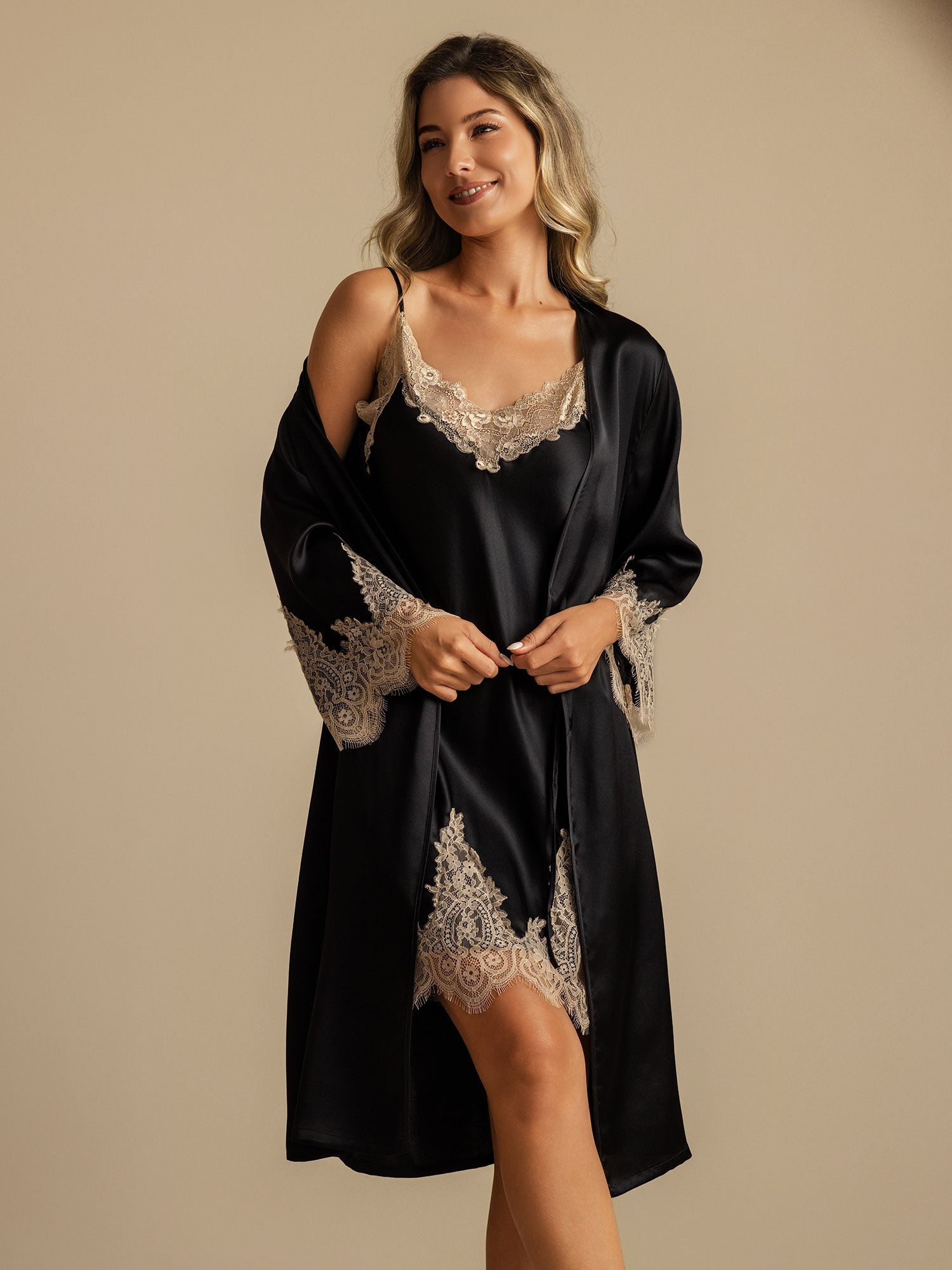 [Black] SilkSilky-CA 3/4 Sleeve V Neck Nightgown&Robe Set 006