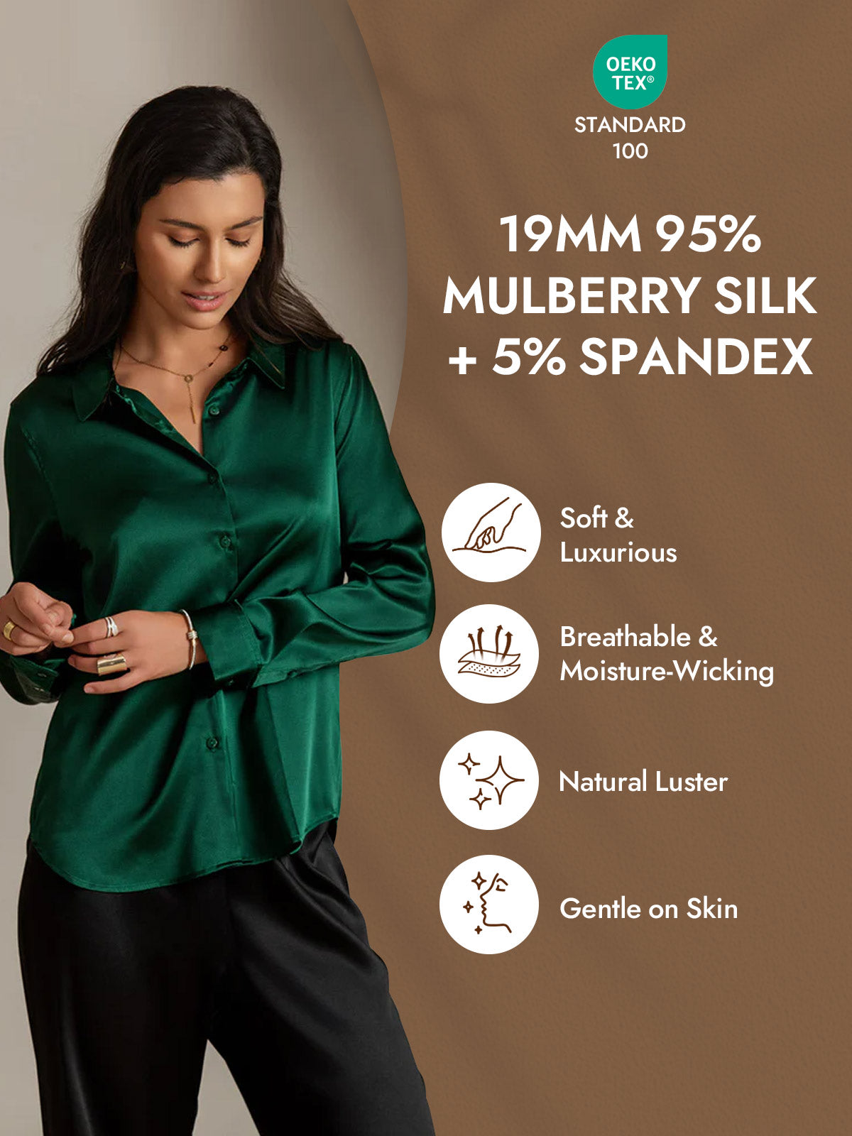 [Dark Green] SilkSilky-CA Silk Long Sleeve Lapel Collar Women's Shirt 004