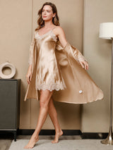 [Champagne] SilkSilky-CA 3/4 Sleeve V Neck Nightgown&Robe Set 001