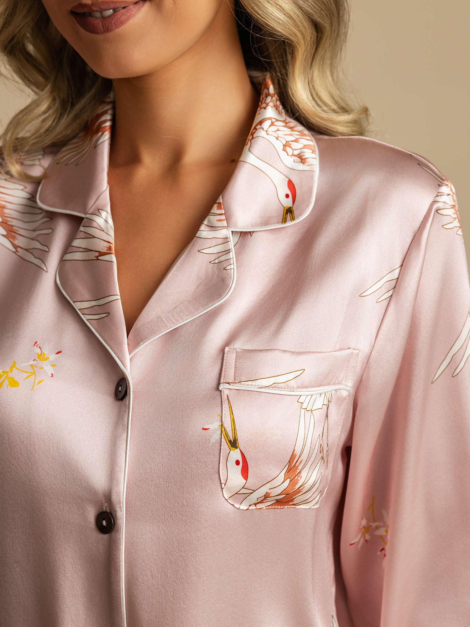 [Pink] SilkSilky-CA 19Momme Long Sleeve Notch Collar Women's Pajamas 004