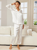 SilkSilky-CA Pure Silk Long Sleeve Lapel Women's Pajamas White 005