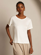 [White] SilkSilky-CA 100% Silk Jersey Short Sleeve Round Neck Women's T-Shirt 003