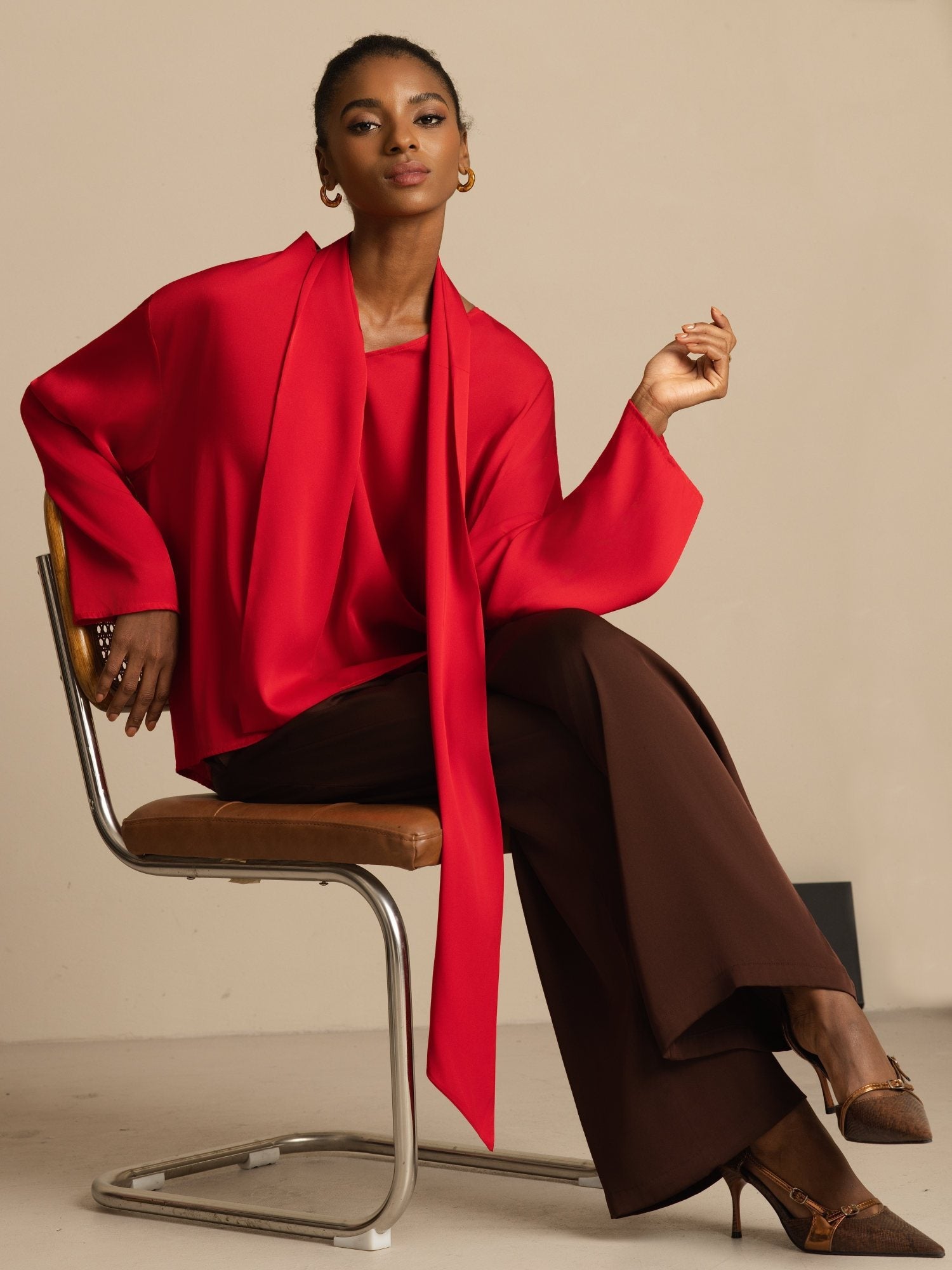 [Wine] SilkSilky-CA 19Momme Stretch Silk Double Georgette Long Sleeve V Neck Blouse 001