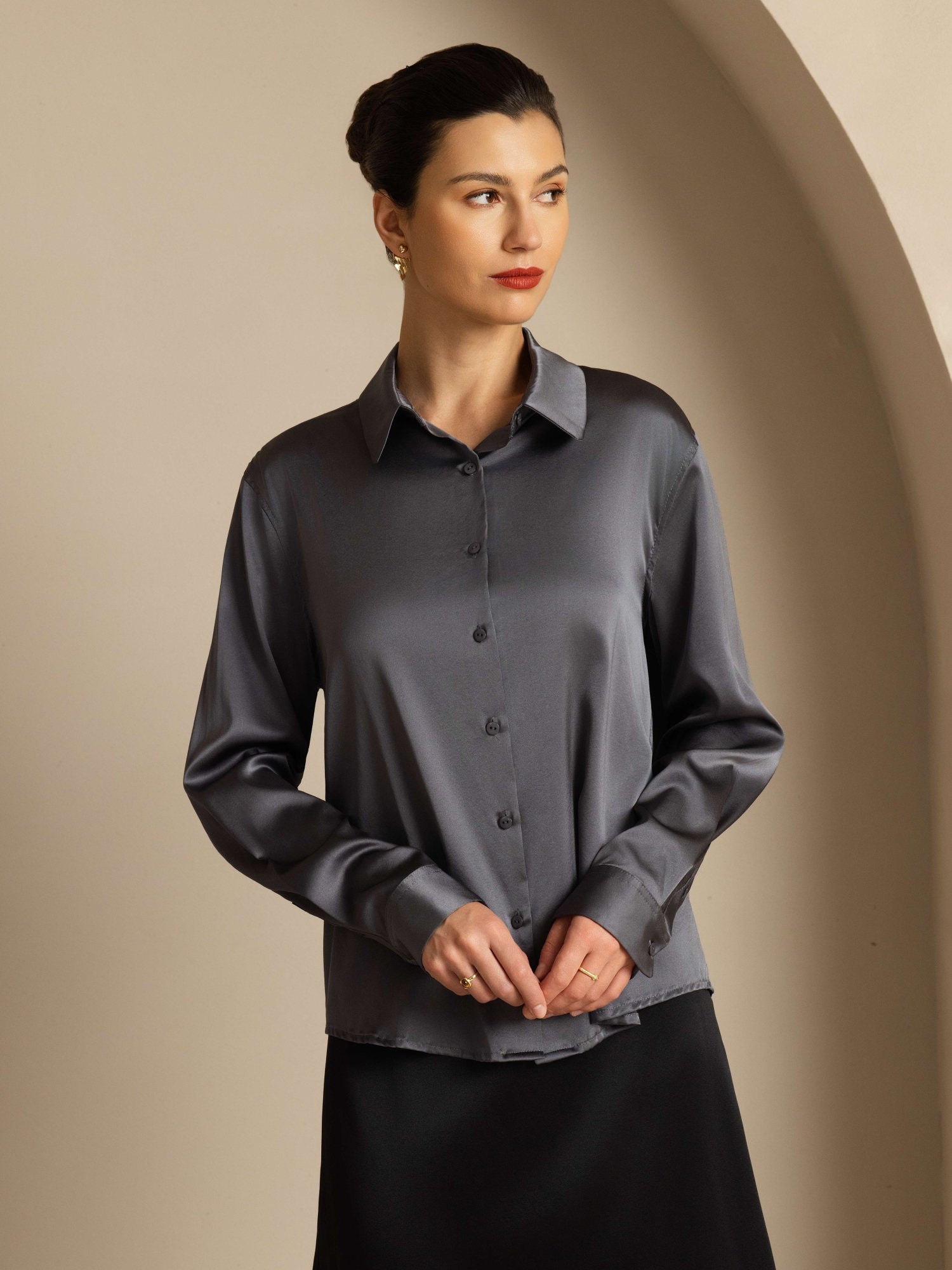 [Dark Gray] SilkSilky-CA Silk Long Sleeve Lapel Collar Women's Shirt 007
