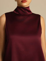 [Dark Red] SilkSilky-CA 19Momme Stretch Silk Charmeuse Sleeveless High Neck Blouse 005