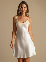 [White] SilkSilky-CA Spaghetti Strap V Neck Nightgown 006