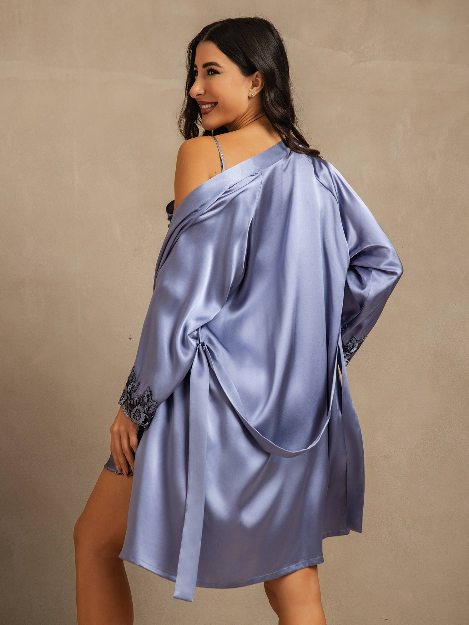 [Steel Blue] SilkSilky-CA Pure Silk 3/4 Sleeve V Neck Nightgown&Robe Set 002