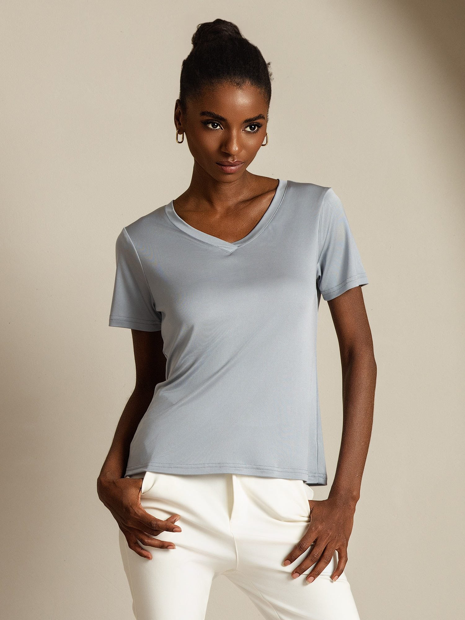 [LightGray] SilkSilky-CA Pure Silk V Neck Women's T-Shirt 001