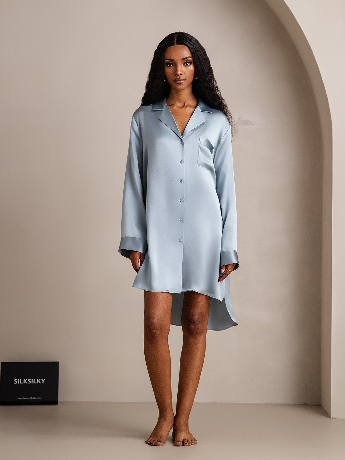 [GrayishBlue] SilkSilky-CA Pure Silk Split Nightgown 003