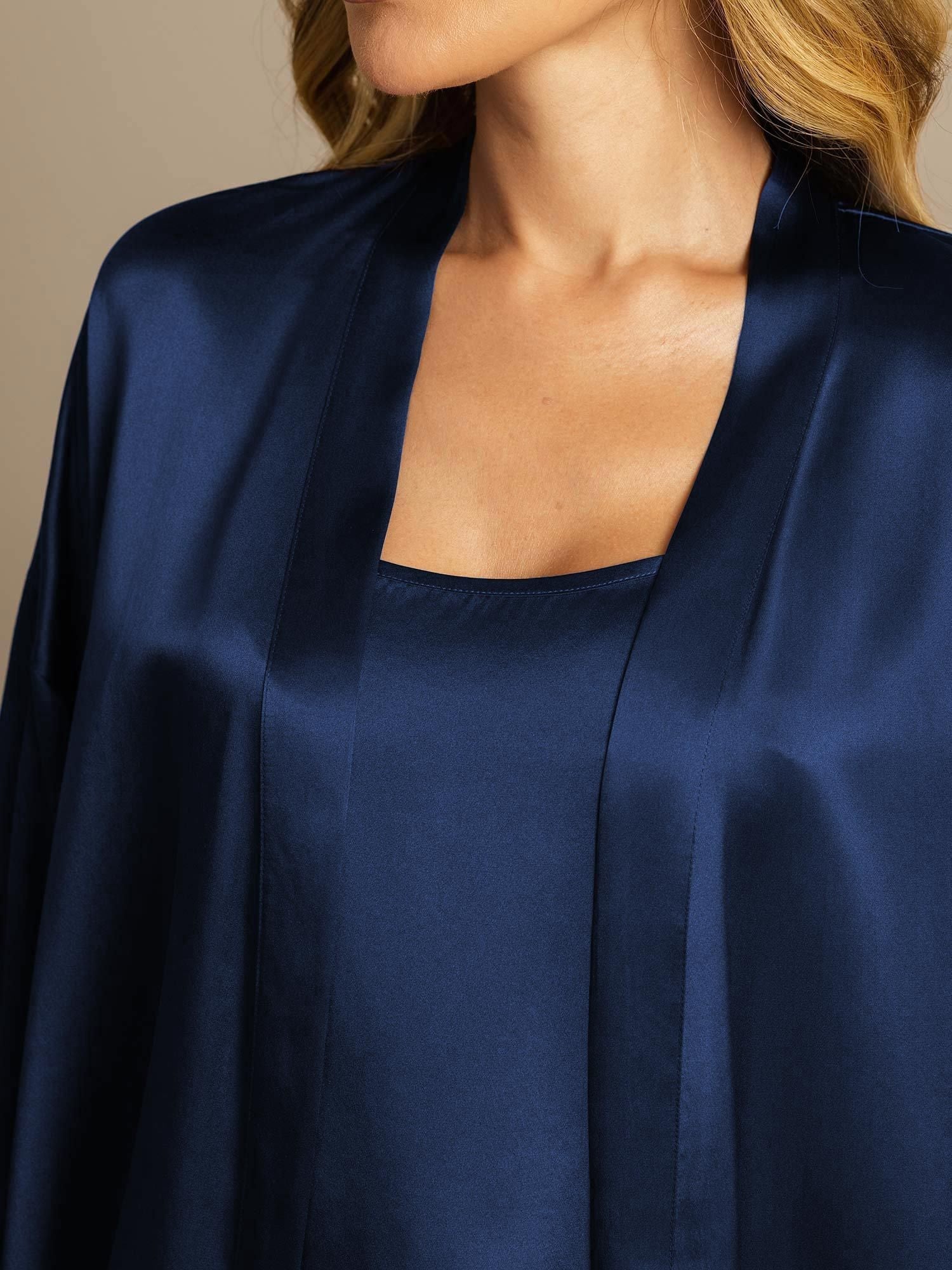 [Dark Blue] SilkSilky-CA Pure Silk Split Nightgown&Robe Set 004,