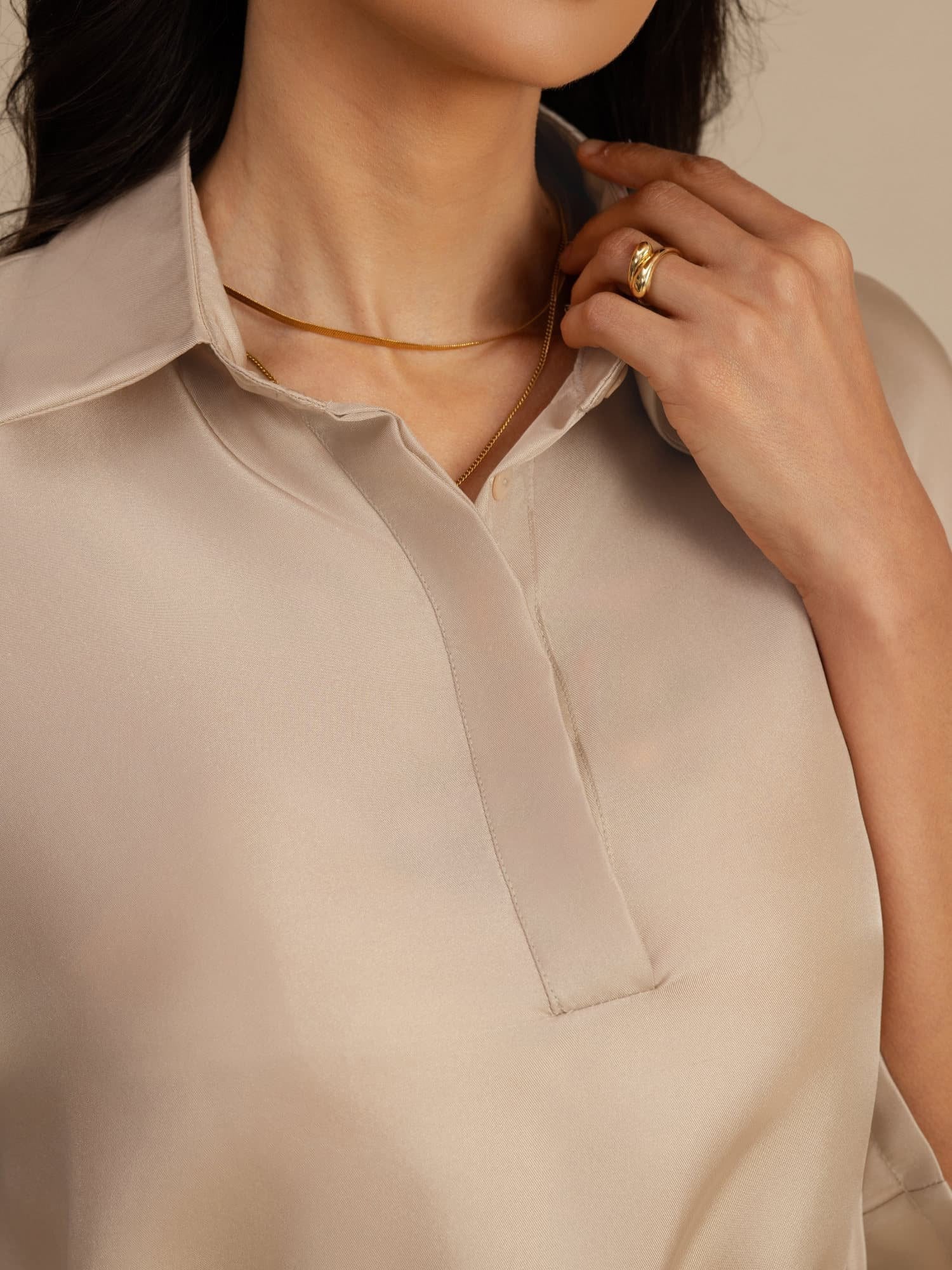 [Tan] SilkSilky-CA 18Momme Silk Satin Surah Half Sleeve Lapel Collar Blouse 004