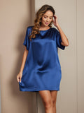 SilkSilky CA Pure Silk Short Sleeve Round Neck Nightgown DarkBlue 005