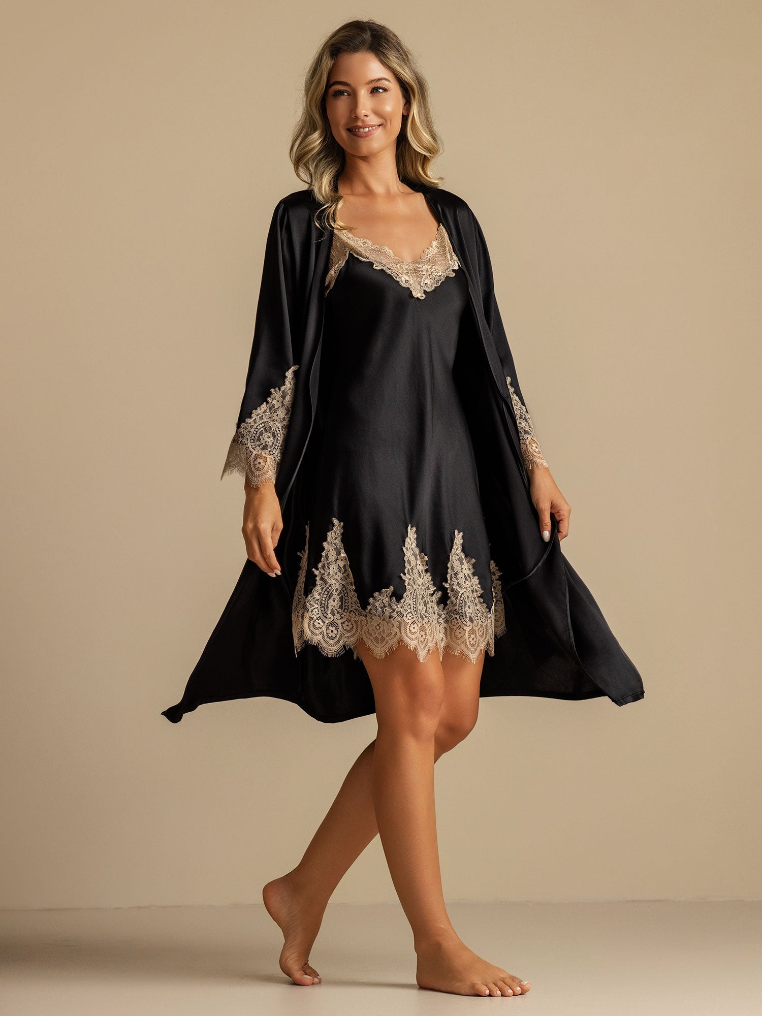 [Black] SilkSilky-CA 3/4 Sleeve V Neck Nightgown&Robe Set 001