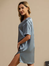 [Grayish Blue] SilkSilky-CA Half Sleeve V Neck Nightgown 004