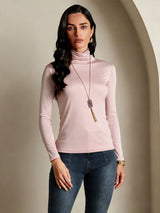 [Coral Pink] SilkSilky-CA Silk Jersey Long Sleeve Turtle Neck Women's T-Shirt 001