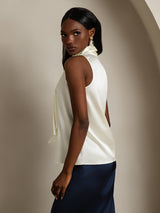 [Ivory] SilkSilky-CA 19Momme Stretch Silk Charmeuse Sleeveless High Neck Blouse 002