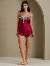 [Wine] SilkSilky-CA Spaghetti Strap V Neck Camisole Set 006