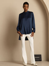 [Dark Blue] SilkSilky-CA 19Momme Stretch Silk Charmeuse Long Sleeve Stand Collar Blouse 008