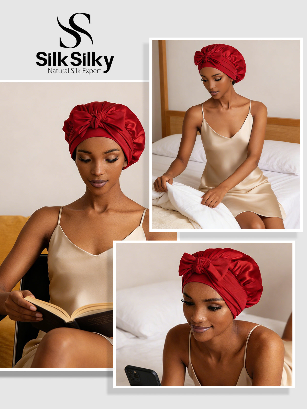 [Wine] SilkSilky-CA Pure Silk Sleep Cap 005