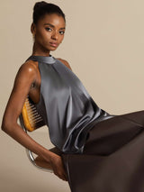 [Dark Gray] SilkSilky-CA Sleeveless Halter Women's T-Shirt 006