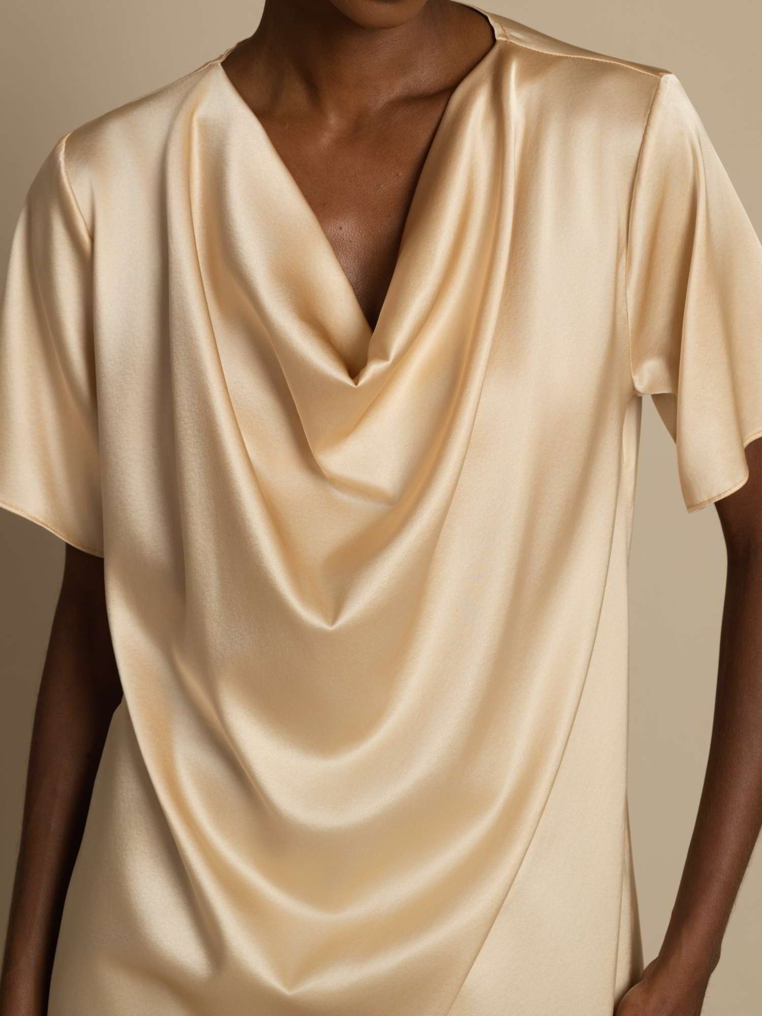 [Champagne] SilkSilky-CA 19Momme Silk Short Sleeve Cowl Neck Blouse 004