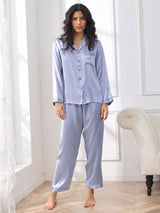 [Steel Blue] SilkSilky-CA Long Sleeve Lapel Collar Women's Pajamas 005