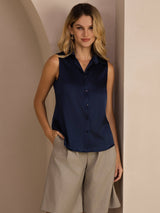 [Dark Blue] SilkSilky-CA Sleeveless Lapel Collar Women's Shirt 001