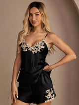 [Black] SilkSilky-CA Spaghetti Strap V Neck Camisole Set 001